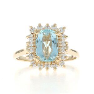 Yellow Gold Aquamarine Diamond Halo Ring - 14k Cushion 2.63ctw